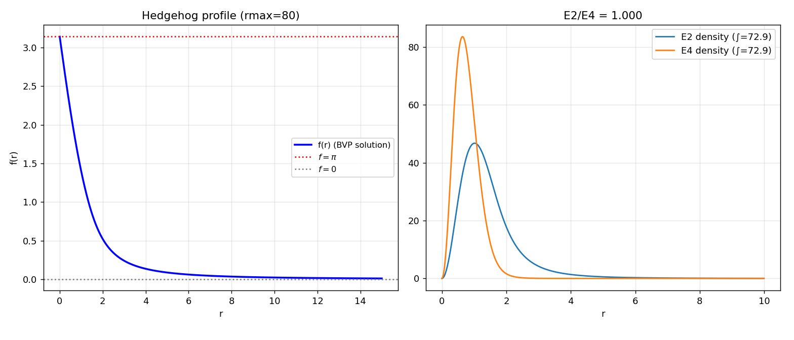 The B=1 hedgehog soliton from the BVP solver: profile, energy densities, and verification of Derrick balance.
