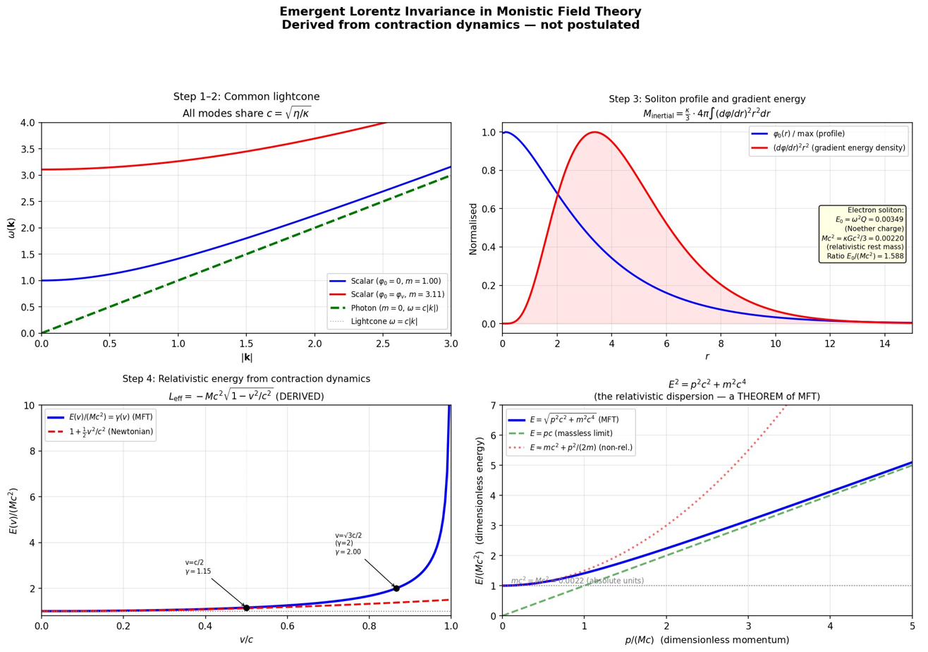 Four-panel figure verifying the five steps of emergent Lorentz invariance.